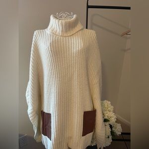 Michael Kors Turtleneck Poncho with Faux Leather Pockets, Size M